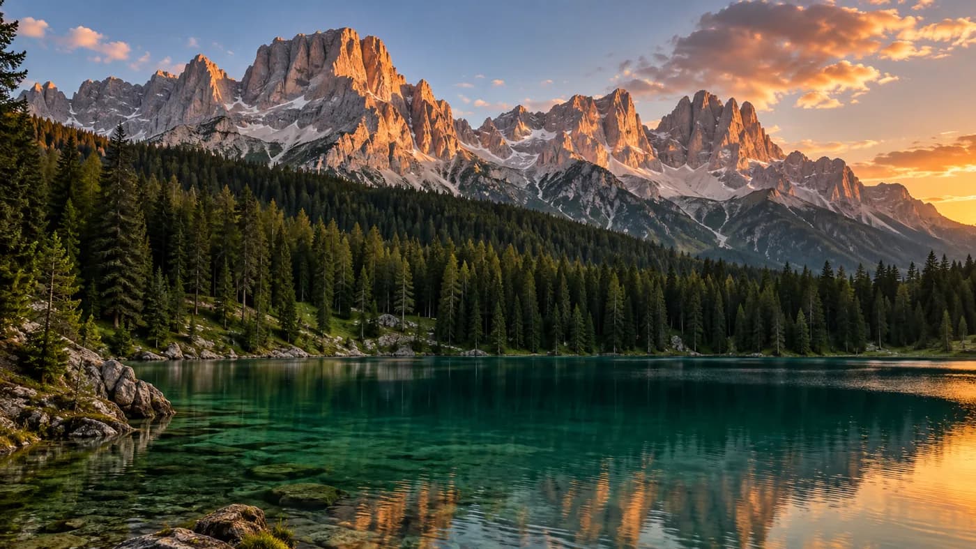 Lago alpino e boschi ai piedi delle Dolomiti al tramonto