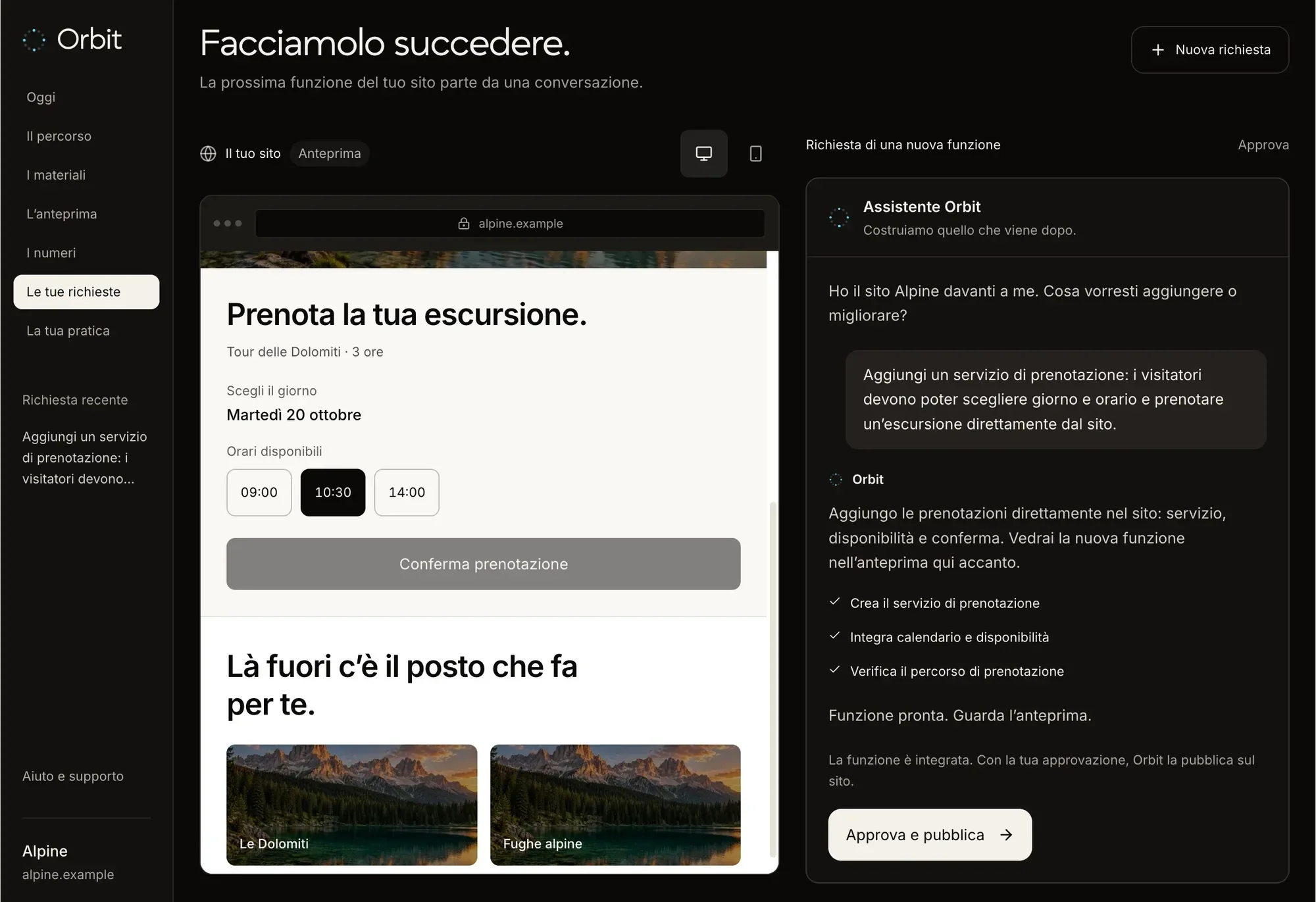 La piattaforma Orbit: a sinistra il menu del progetto, al centro l’anteprima del sito con la nuova funzione di prenotazione, a destra la chat con l’assistente Orbit pronta per l’approvazione.